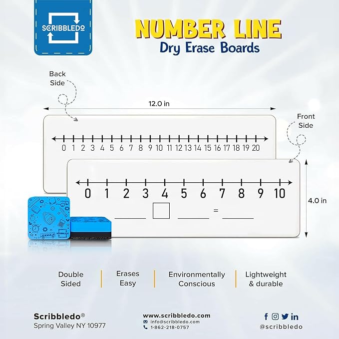 SCRIBBLEDO 10 Pack Dry Erase Number Line White Boards 4x12 Inch Lapboard Double Sided Whiteboard Numbers 1 Thru 10 and 20 I Math White Board for Kids Students Classroom Addition Subtraction Division