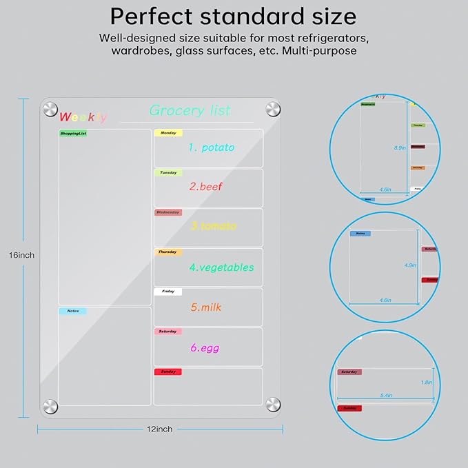 Fridge Calendar Meal Planning Board, Dry Erase Acrylic Magnetic Monthly Weekly Calendar Planner for Refrigerator with 6 Colors Markers (Transparent-Weekly(15.7x11.8"))