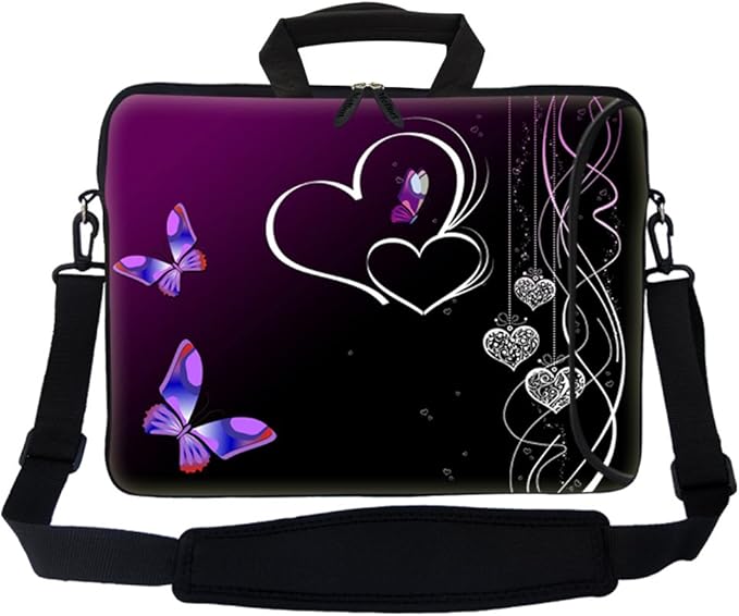 Meffort Inc 17 Inch Neoprene Laptop Bag with Extra Side Pocket, Soft Carrying Handle & Removable Shoulder Strap Fit 16" to 17.3" Size - Purple Butterfly Heart