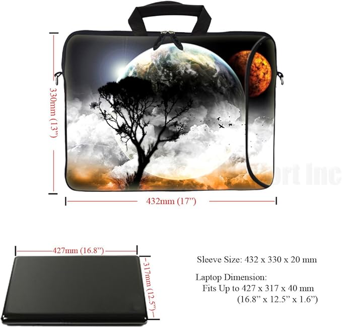 Meffort Inc 17 Inch Neoprene Laptop Bag with Extra Side Pocket, Soft Carrying Handle & Removable Shoulder Strap Fit 16" to 17.3" Size - Planet View
