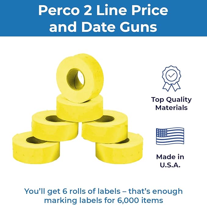 Perco 2 Line Yellow Labels - 8 Rolls, 1 Sleeve, 6,000 Blank Price and Date Gun Labels for Perco 2 Line Price and Date Guns - Made in USA