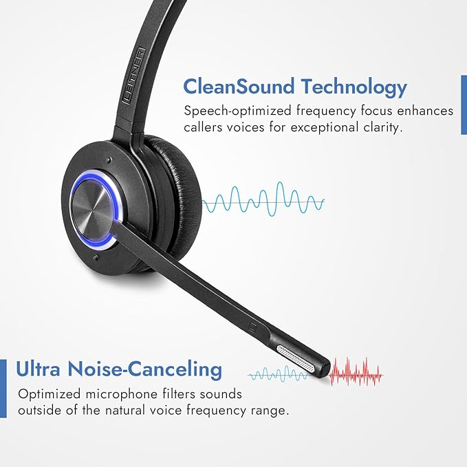 Leitner LH675 3-in-1 Wireless Office Headset with Mic – Wireless DECT Headset for Office Phone, Computer and Cell Phone – 5 Year Warranty – Dual-Ear
