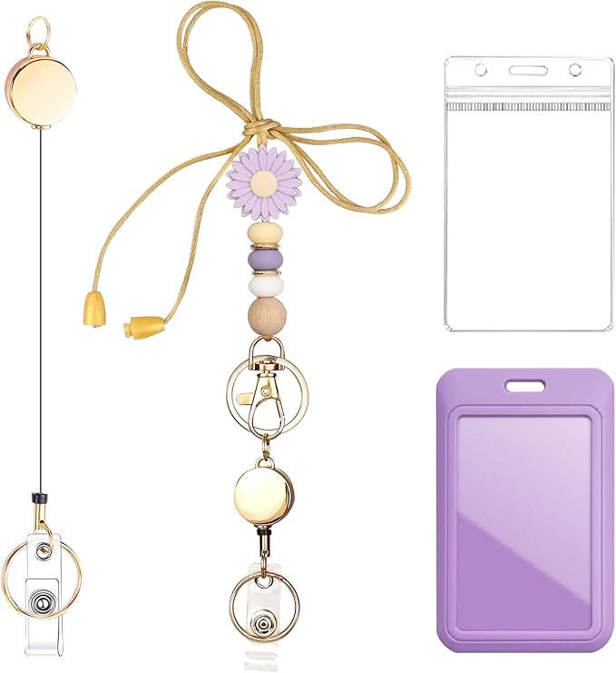 Colorful ID Badge Holder with Silicone Beads Lanyard Set,Cute Teacher Breakaway Lanyard for Keys & Keychain with Cute Retractable Badge Reel Holder,Gift for Women,Nurse, Teacher. (Purple Daisy)