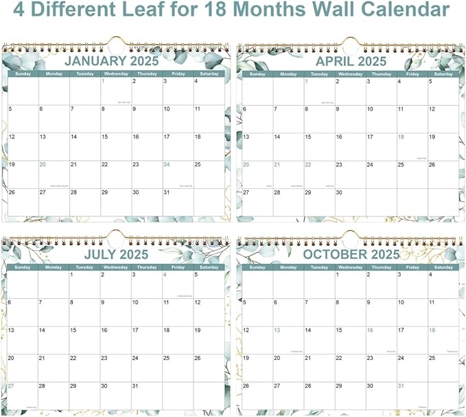 Calendar 2025, Wall Calendar from January 2025 - June 2026, 18 Months Calendar with Premium Paper, Twin-Wire Binding & Hanging Hook, 8.5" x 11", Green Leaf