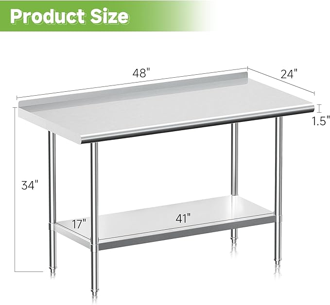 Real Relax Stainless Steel Table with Backsplash, NSF Commercial Heavy Duty Stainless Steel Table for Prep with Adjustable Undershelf, for Indoor & Outdoor- 24" D x 48" W x 34" H