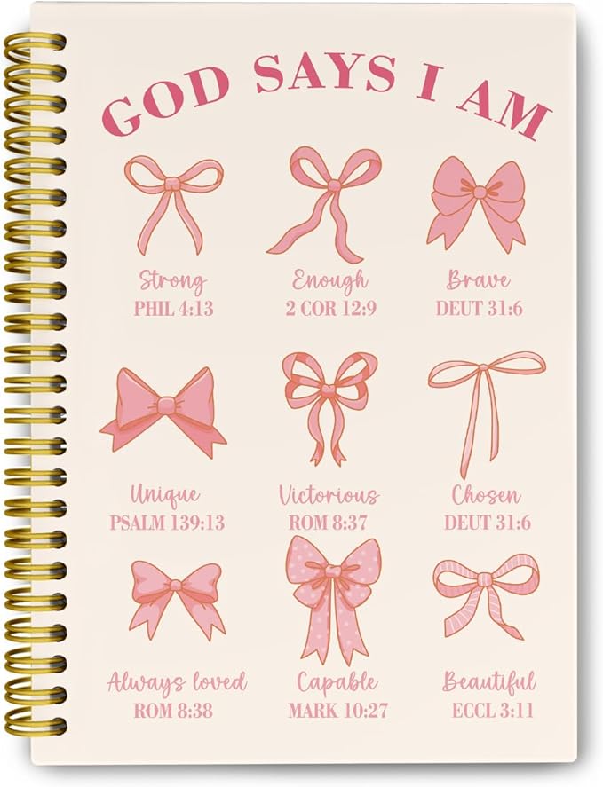 Coquette Pink Bows Spiral Bible Notebook, Christian Gifts for Women Girls, God Says I Am Christian Scripture Prayer Journal, Church Notes Notebook, Hardcover Notebooks College Ruled 5.5 x 8.3
