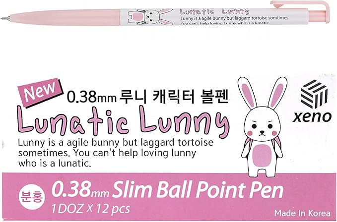 ZEESOON Xeno Lunatic Lunny 0.38mm Slim Ball Point Pen Dozen Box 12 Pcs, Made in Korea (Pink 12pcs)