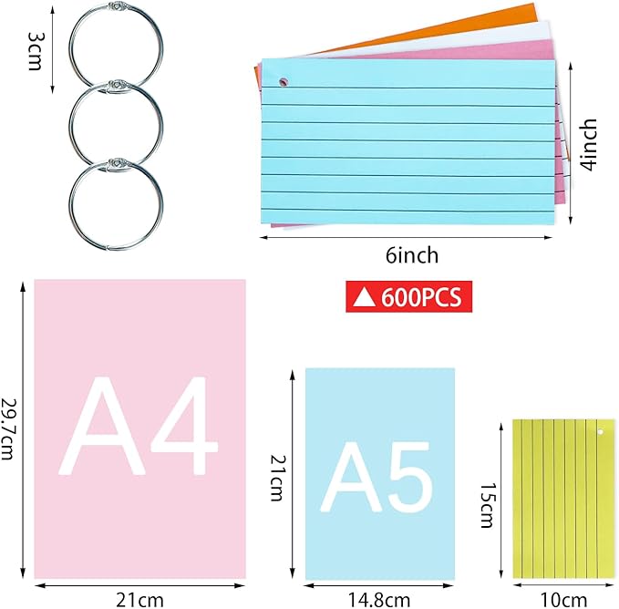 TFLFL Index Cards 4x6 Inch, 600PCS Flash Cards with Rings 8 Colors Ruled Index Cards, Assorted Lined Colored Flashcards, Thin Note Cards Paper, Study Card Memo Scratch Pad for Home Office School