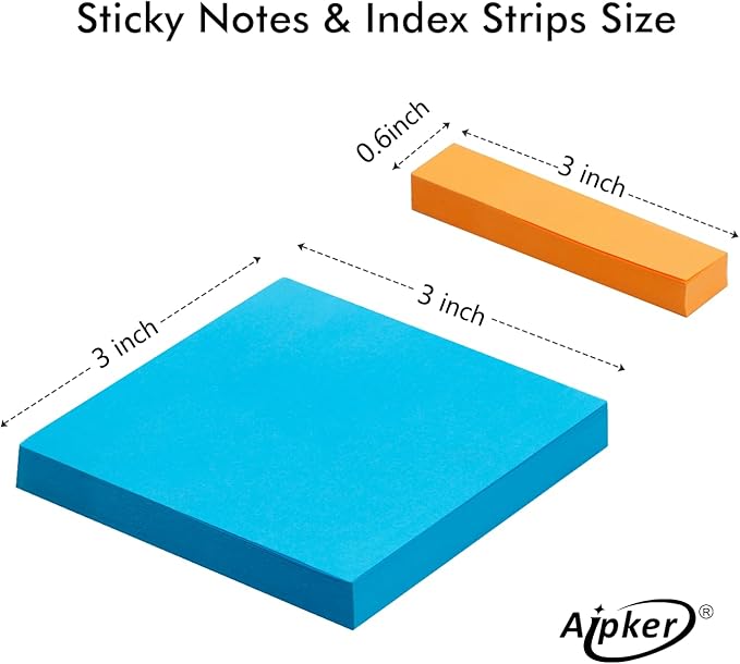 Sticky Notes & Index Strips - 8 Pads 3x3 Inch Note Pads and 8 Pads 0.6x3 inch Index Tabs, Bright Sticky Note Pads Set for Organization and Study (82 Sheet/Pads)