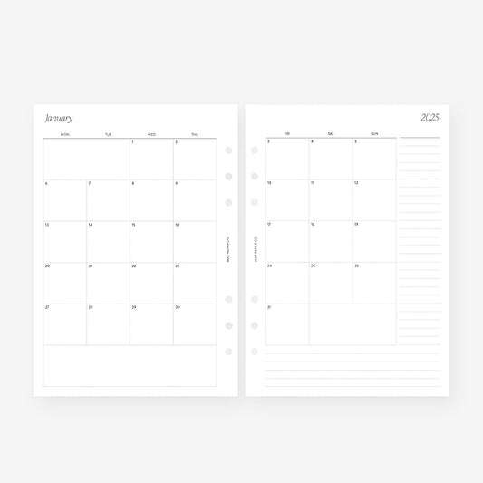 A5 2025 Month on Two Pages Monthly Planner Insert Agenda Refill for 6 ringed A5 Filofax, Kikki K, LV GM agendas (Monthly with Notes (Monday Start, Non-Separable Months))