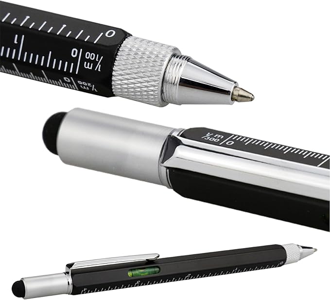 HeTaoCat Gifts Multi Tech Tool Pen 6 in 1 Stylus Pen - Screwdriver Pen with Ruler, Levelgauge, Ballpoint Pen Black ink (Black)
