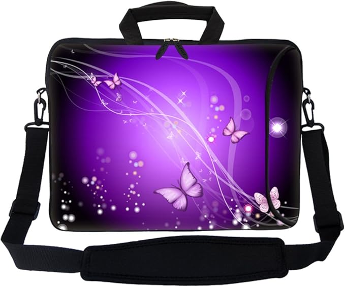 Meffort Inc 17 Inch Neoprene Laptop Bag with Extra Side Pocket, Soft Carrying Handle & Removable Shoulder Strap Fit 16" to 17.3" Size - Purple Swirl Butterflies