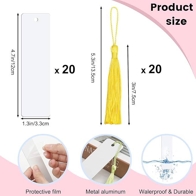 40Pcs Heat Transfer Sublimation Blank Metal Bookmark, Aluminum DIY Bookmarks with Colorful Tassels for Keychains Craft Projects Birthday Present Tags
