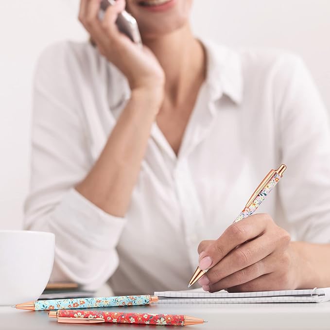 Glenmal 24 Pcs Flower Pens for Women Floral Ballpoints Pretty Fancy Pens Retro Floral Cute Ballpoints Black Ink Metal Retractable Writing Journaling Gifts for Office Supplies