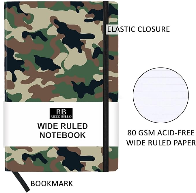 RICCO BELLO Wide Ruled Hardcover Diary Journal School Notebook for Kids, Tweens - Bookmark, Band Closure, Storage Pocket, 5.7 x 8.4 Inches, 192 Pages, (Green Camouflage)