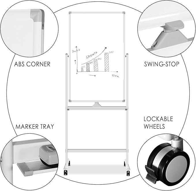 Dry Erase Whiteboard Easel on Wheels - 24 x 36 inch Double Sided Mobile Whiteboard, Reversible Magnetic Double Sided Rolling whiteboard Mobile White Board for Home Office Classroom, (24“x 36”)