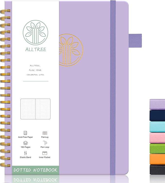 Spiral Dot Grid Notebook Journal, Dotted Paper Notebook, Leather Hardcover Spiral Notebook, ALLTREE Twin Wire Spiral Bound Notebook with Pen Loop, Pocket, Stickers, 160 Pages, Journal for Women & Men, Purple(6"x8.5")