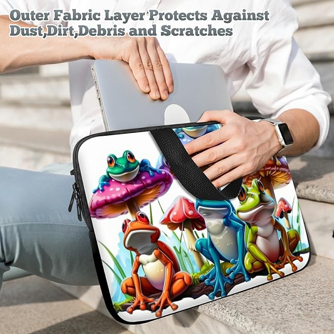 Laptop Sleeve Case Bag 15 inch, Color Frog Mushrooms Slim Carrying Case Durable Handbag Travel Laptop Bag for 15 inch MacBook Air M3/M2/15 Pro/Surface Laptop 7/6/5/4/3/ Dell XPS 15 Plus
