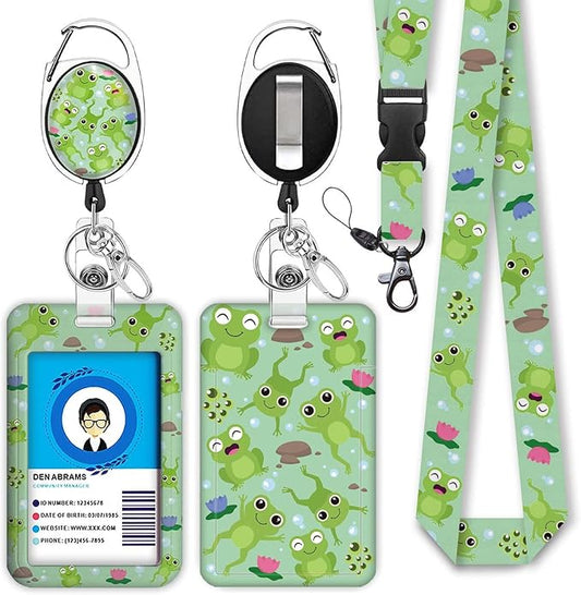 Cute Frog Lanyards for Id Badges, Retractable ID Badge Holder with Detachable Lanyard, Fashionable Badge Reel Heavy Duty with Carabiner Clip, Nurse Teacher Office Gifts
