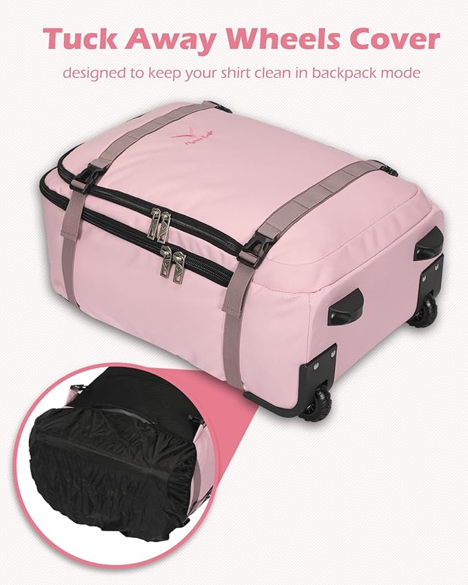 Hynes Eagle Rolling Backpack 42L Backpack with Wheels Airline Approved Carry on Luggage Laptop Travel Backpack for Women Men Pink