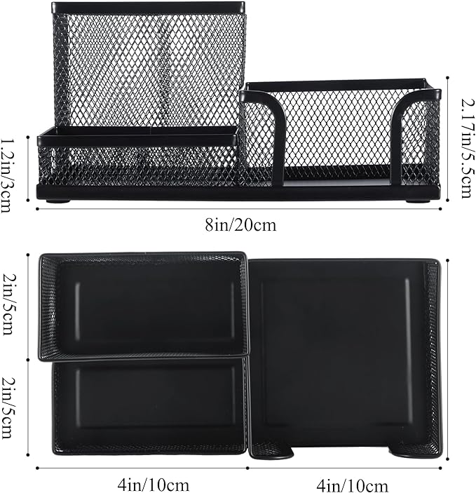 M&G Mesh Pen Holder Desk Organizers Pencil Holder for Desk Black, 3 Compartments Metal Office Supply Organizer with Sticky Notes Holder for School Home Office