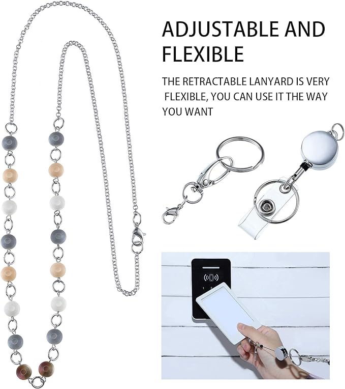 Hicarer 3 Pcs ID Badge Lanyard Necklace with ID Holder Clip Stainless Steel Beaded Chain Retractable Badge Reel Valentine (Chic Style)