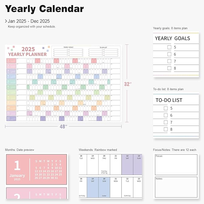 Ospelelf Wall Calendar 2025 Large 32'' x 48'' Dry Erase Calendar for Wall, 1 Yearly Laminated Family Calendar Planner, Use Jan 2025 - Dec 2025 2025 (Multicolor)