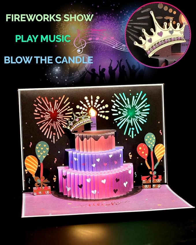 3D Pop-Up Happy Birthday Cards for Women – LED Fireworks & Music with Blow The Candle, Gold Crown, 3D Balloons, Purple & Pink Design - Happy Birthday Card for Mom, Wife or Daugther (8.27" x 5.27")