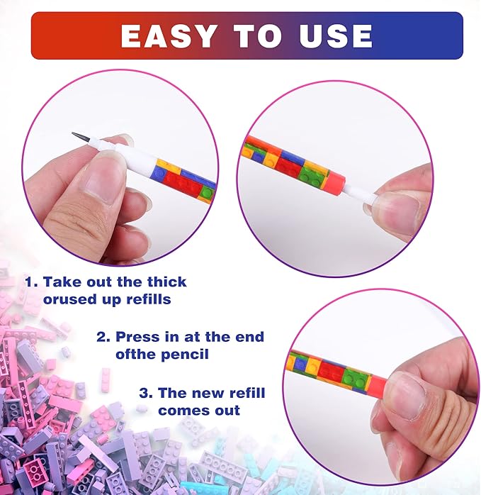 Kolewo4ever 48pcs HB Building Block Pencils Translucent Pencil Multicolor Non Sharpening Pencils Pop Up Plastic Pencils for Exams, School, Office, Sketching Learning Activities