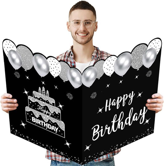 Jumbo Birthday Card with Envelope, Giant Guest Book Happy Birthday Greeting Cards, Large Birthday Card Gifts Party Supplies, Black White Silver Extra Big Birthday Card Decor
