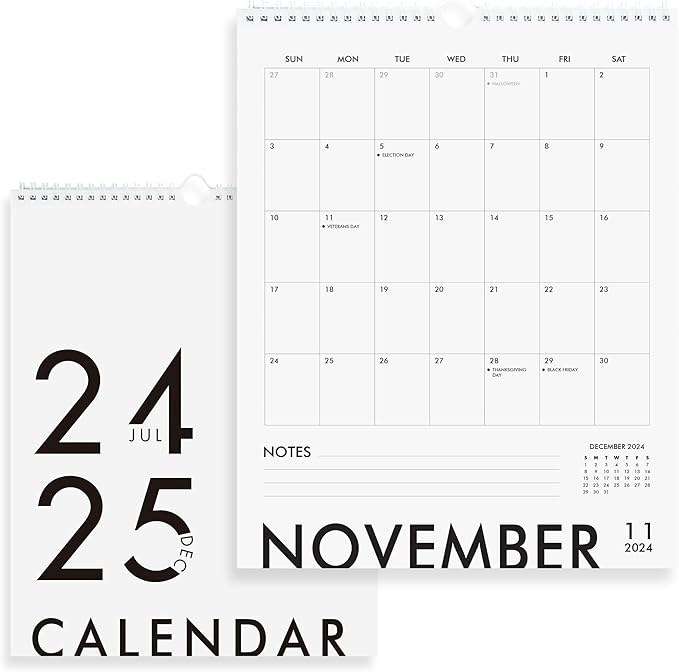 Modern Vertical Wall Calendar 2024-2025 - 18 Month Calendar July 2024 - December 2025, 11x13.5 Inches Sleek Black & White Design with Spiral Twin-Wire Binding