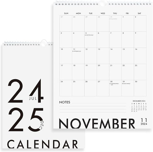 Modern Vertical Wall Calendar 2024-2025 - 18 Month Calendar July 2024 - December 2025, 11x13.5 Inches Sleek Black & White Design with Spiral Twin-Wire Binding