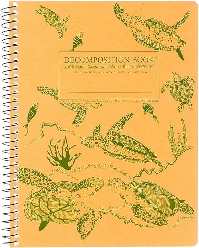 Decomposition Sea Turtles College Ruled Spiral Notebook - 9.75 x 7.5 Journal with 160 Lined Pages - 100% Recycled Paper - Cute Notebooks for School Supplies, Home & Office - Made in USA