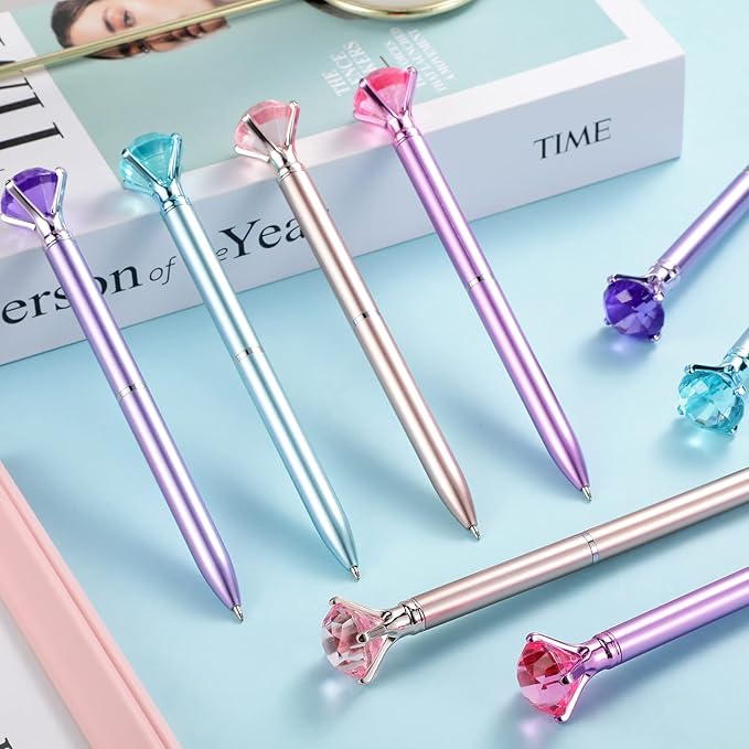 24 Pieces Big Crystal Diamond Pens Bling Ballpoint Pen Black Ink Rhinestones Pen for School Office Supplies Christmas Wedding Birthday Present, 4 Colors(Simple Style)