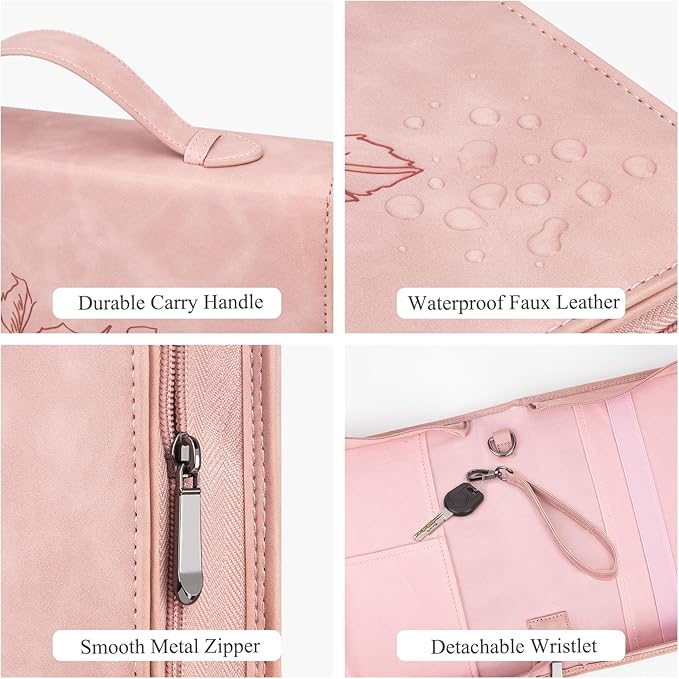 Bible Covers for Women, Leather Bible Study Case with Bookmark for Girls, Bible Supplies Carrying Bag Tote with Strap,Personalized Book Organizer Bag for Journaling Bible-Pink