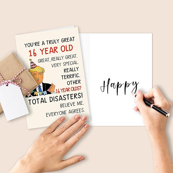 Funny Trump 16th Birthday Card for Boys Girls, Cool 16th Birthday Card Gift for Son Daughter, Unique 16 Year Old Birthday Decoration for Him Her