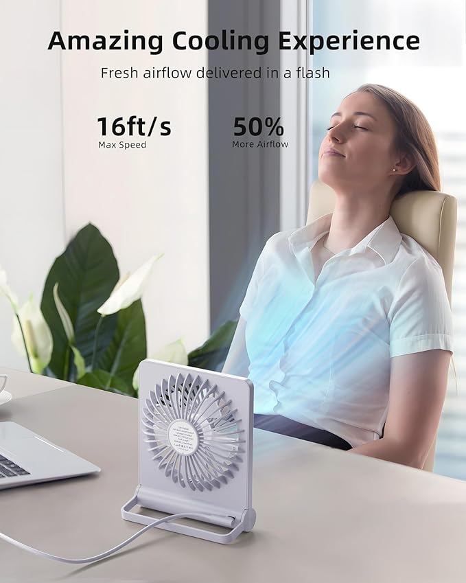 Koonie USB Fan, Strong Wind Ultra Quiet Small Desk Fan 220° Tilt Folding 3 Speeds Adjustable USB-C Corded Powered Personal Fan for Home Office Desktop White