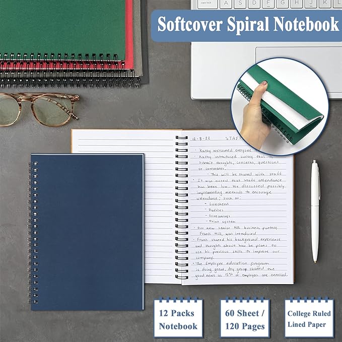 GINMLYDA Small Spiral Notebook 12Pack, 120 Lined Pages 8.25x5.50 Inches Spiral Journal Kraft Cover Notebooks & Writing Pads for School Home Office Aesthetic Sketch Drawing Note