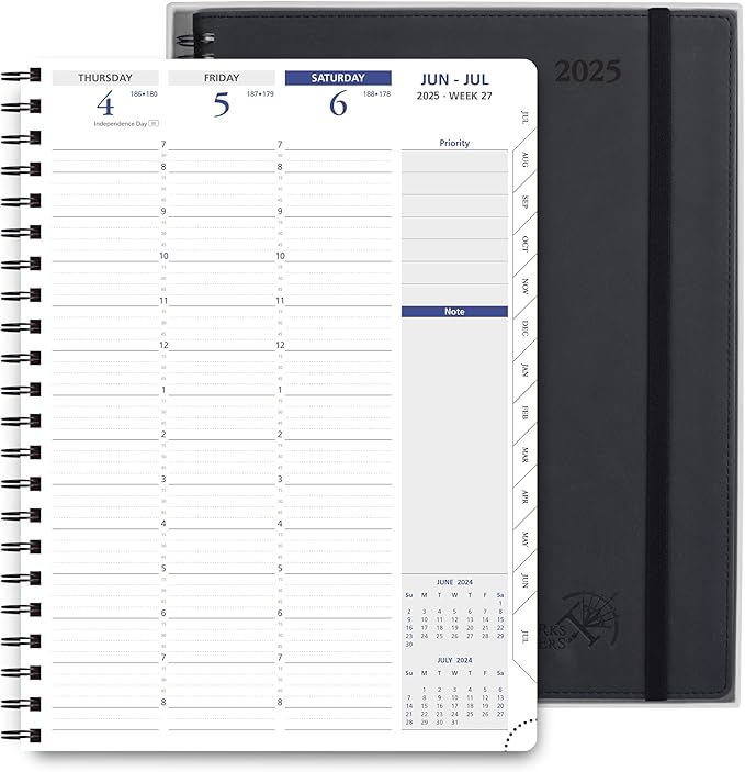 POPRUN 2025 Weekly Planner Spiral Bound with Monthly Tabs 8.5" x 11", Quarter-Hourly Appointment Book with PU Leather Soft Cover, Dual Pockets, Gift Box, Sunday Start - Black