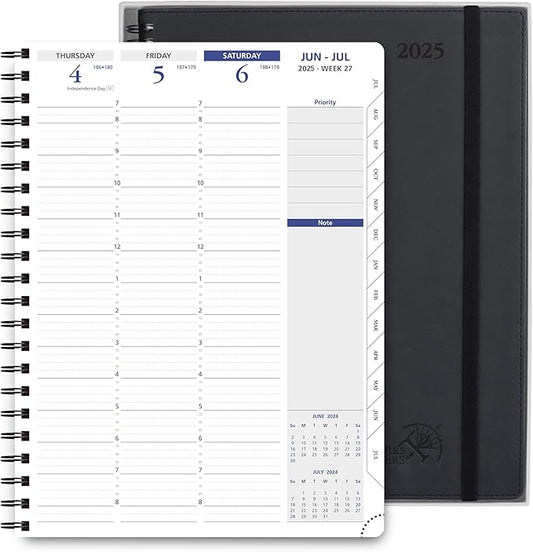 POPRUN 2025 Weekly Planner Spiral Bound with Monthly Tabs 8.5" x 11", Quarter-Hourly Appointment Book with PU Leather Soft Cover, Dual Pockets, Gift Box, Sunday Start - Black