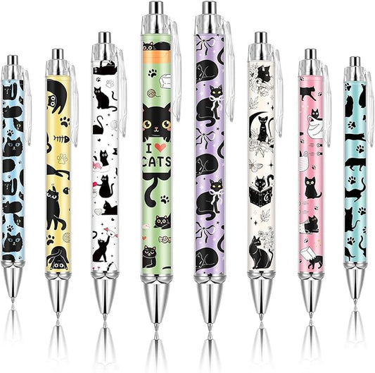 Ireer 8 Pcs Ballpoint Pens for Women 1.00 mm Cute Black Ink Fancy Pens Fine Point Smooth Writing for Journaling Aesthetic Office Supplies (Black Cat)