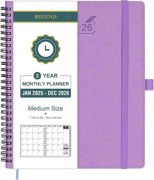 BEZEND 2 Year Monthly Planner 2025-2026 Medium Size 7" x 9" (Jan 2025 - Dec 2026) Spiral Calendar Book with Tabs, 120 GSM Thick Paper, Storage Pockets & Notes, PU Leather Softcover in Lavender