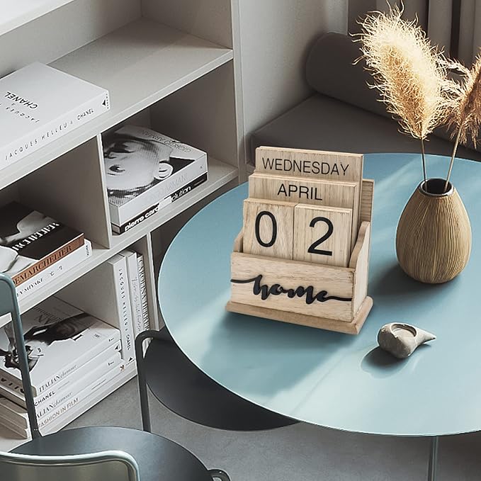 Notakia Perpetual Calendar Wooden Calendar Blocks Vintage Wood Block Calendar for Home Office Desk Accessories Week Month Date Display (Wood Color Home)