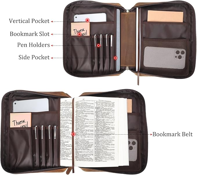 Polare Full Grain Leather Bible Cover Church Bag Bible Protective Book Holder Carrying Case Folder Organizer Portfolio for Men and Women (Light Brown)