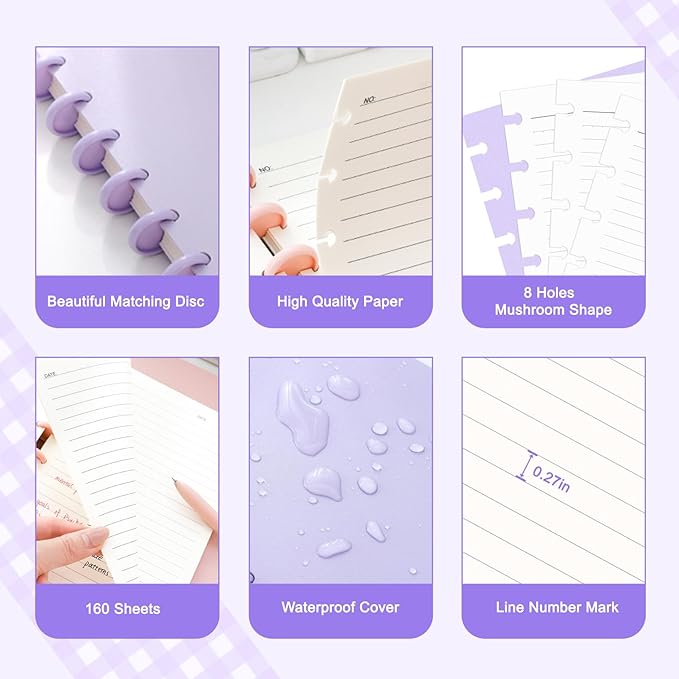 Discbound Notebook, 8-Disc Disbound Planner with Removable Pages, 180 Pages Spiral Notebook, Poly Cover Discbound Planner for Work, Travel, Note Taking(With Index Sticker),Purple,A4