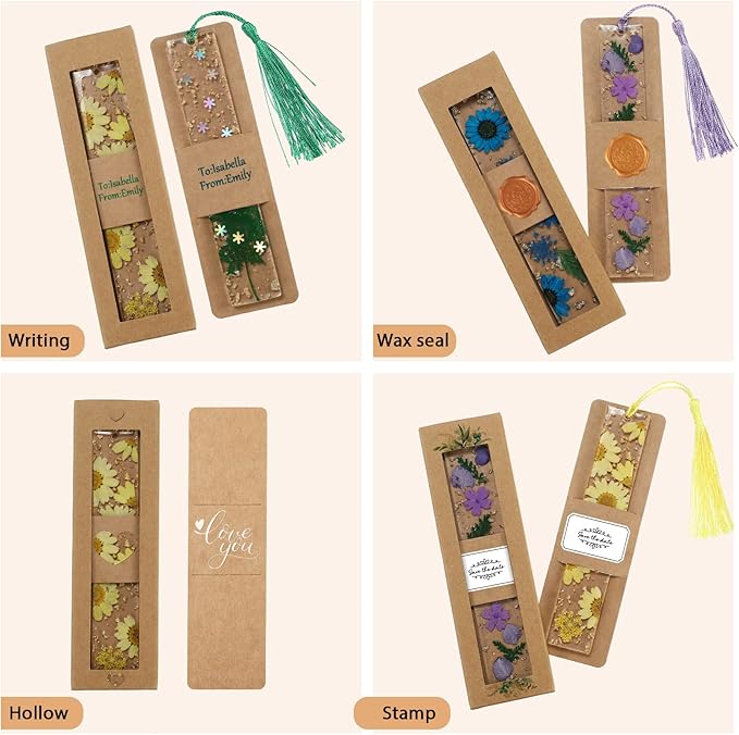 50 Set Kraft Bookmark Sleeves Resin Bookmark Holder 5.9 x 1.8'' Bookmark Cardboard Gift Boxes DIY Bookmark Blank Display Cards for Bookmark Wrapping Gift Supplies (Brown)