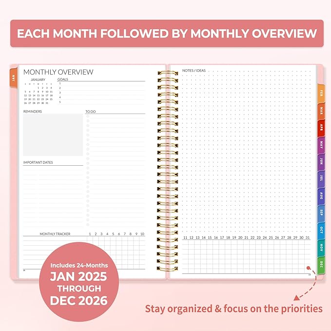 SUNEE 2025-2026 Monthly Planner - 24 Months (Jan 2025 - Dec 2026) Monthly Planner - 7"x10" Monthly Spreads & Yearly Planner, Pink