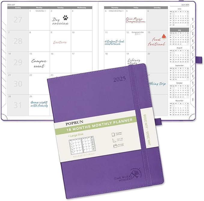 POPRUN Monthly Planner 2025-2026 (Large- 8.5" x 10.5" Soft Cover), 18-Month Calendar Book (January 2025-June 2026), Calendar Planner with Monthly Tabs & Pocket, 100 GSM Paper - Purple