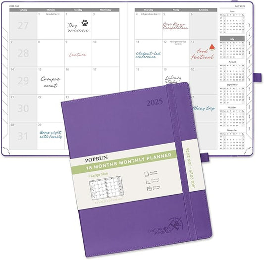 POPRUN Monthly Planner 2025-2026 (Large- 8.5" x 10.5" Soft Cover), 18-Month Calendar Book (January 2025-June 2026), Calendar Planner with Monthly Tabs & Pocket, 100 GSM Paper - Purple