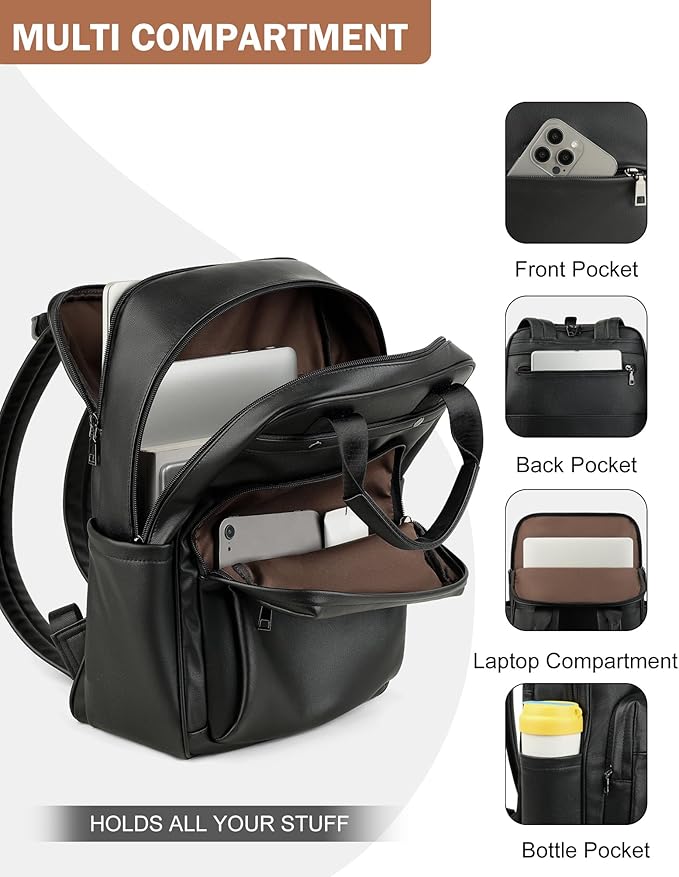 MASINTOR Leather Laptop Backpack for Women, Stylish Computer Backpack College Business Work Shoulder Bags Work and Travel Black